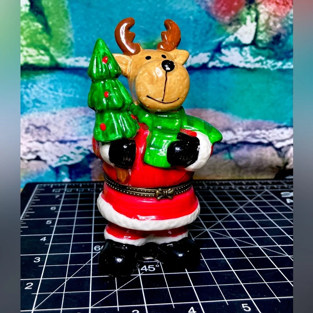 LARGE Vintage Santa Reindeer Limoges Style Hinged Trinket Box